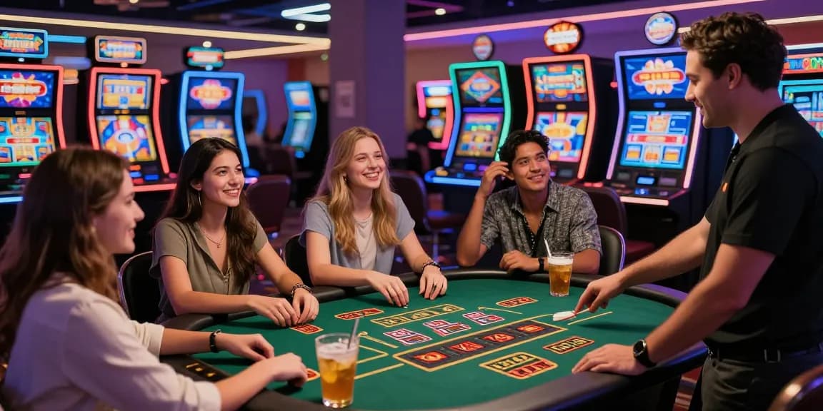 Exciting scene of friends celebrating at Mastercard casinos, enjoying various games such as slots and blackjack under vibrant neon lights.