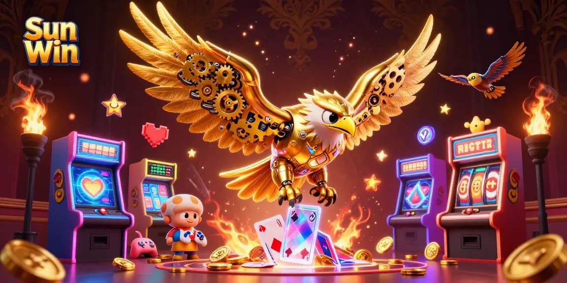 Experience thrilling slots and wins at Sun Win with a cybernetic eagle diving through playing cards.