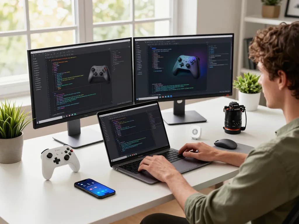 Discover cool tech gadgets under $102 in a modern workspace with innovative devices and bright, natural lighting.