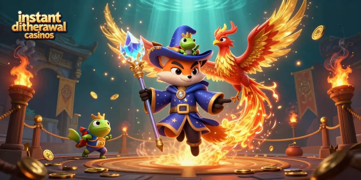Experience exciting instant withdrawal casinos with a wizard, phoenix, and enchanted frog in a stunning 3D illustration.