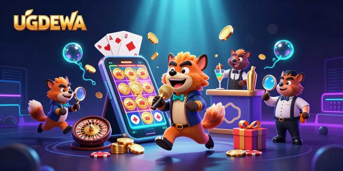 Spin and win with UGDEWA in this vibrant casino scene featuring playful hyenas in action.