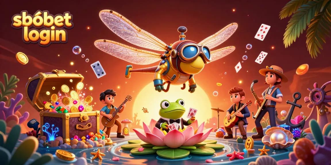 Experience sbobet login with this vibrant casino scene featuring a dragonfly pilot and frog croupier.