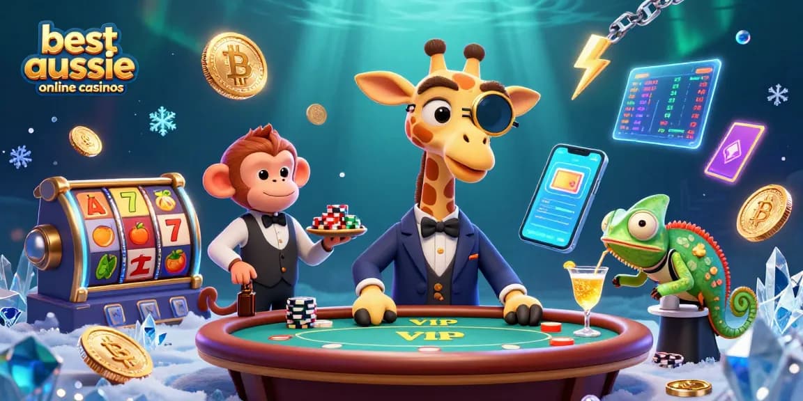 Engage with the best aussie online casinos in a vibrant 3D illustration featuring a high-roller giraffe at a VIP poker table.