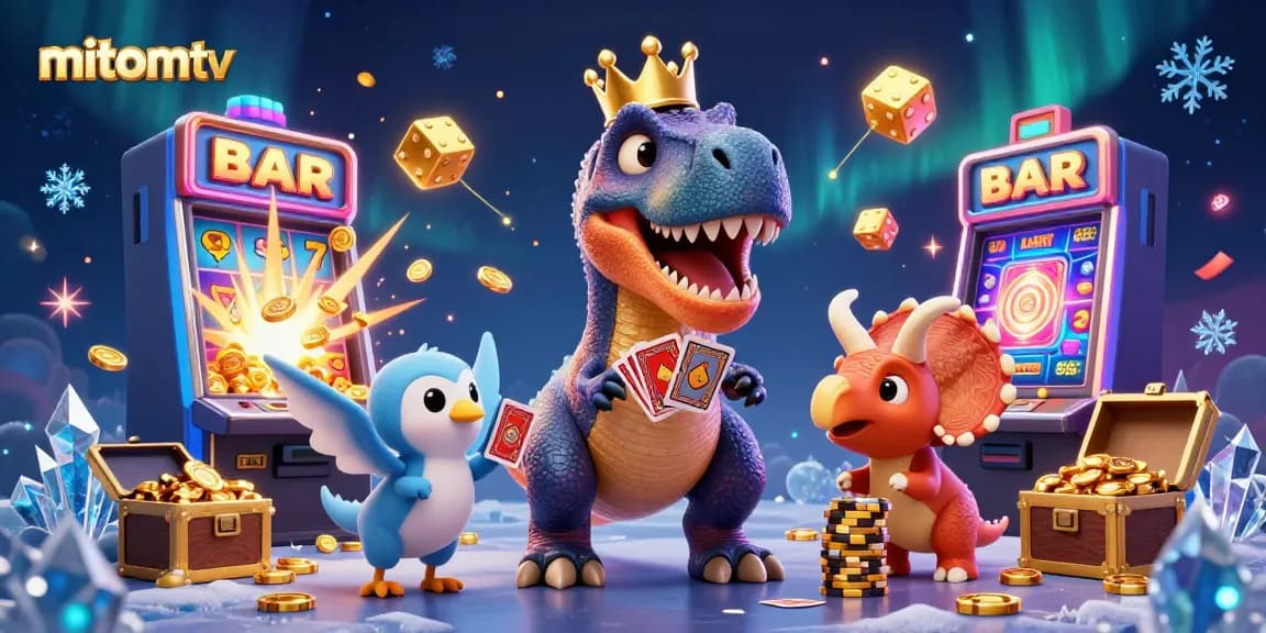 Experience thrilling gameplay with mitomtv featuring a fun T-Rex, chip stacking triceratops, and dazzling casino elements.