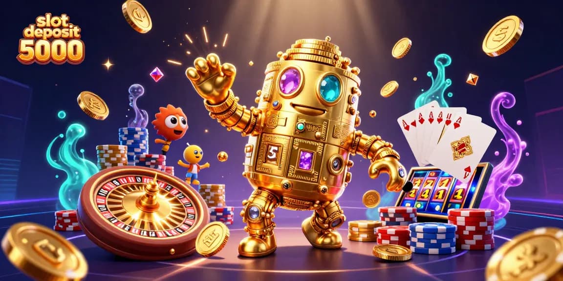 Slot deposit 5000 dalam ilustrasi 3D, menampilkan golem emas dan elemen kasino menarik lainnya.