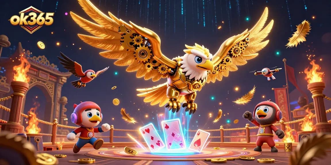 Experience the excitement of ok365 with a cybernetic eagle amidst a cascade of holographic cards.