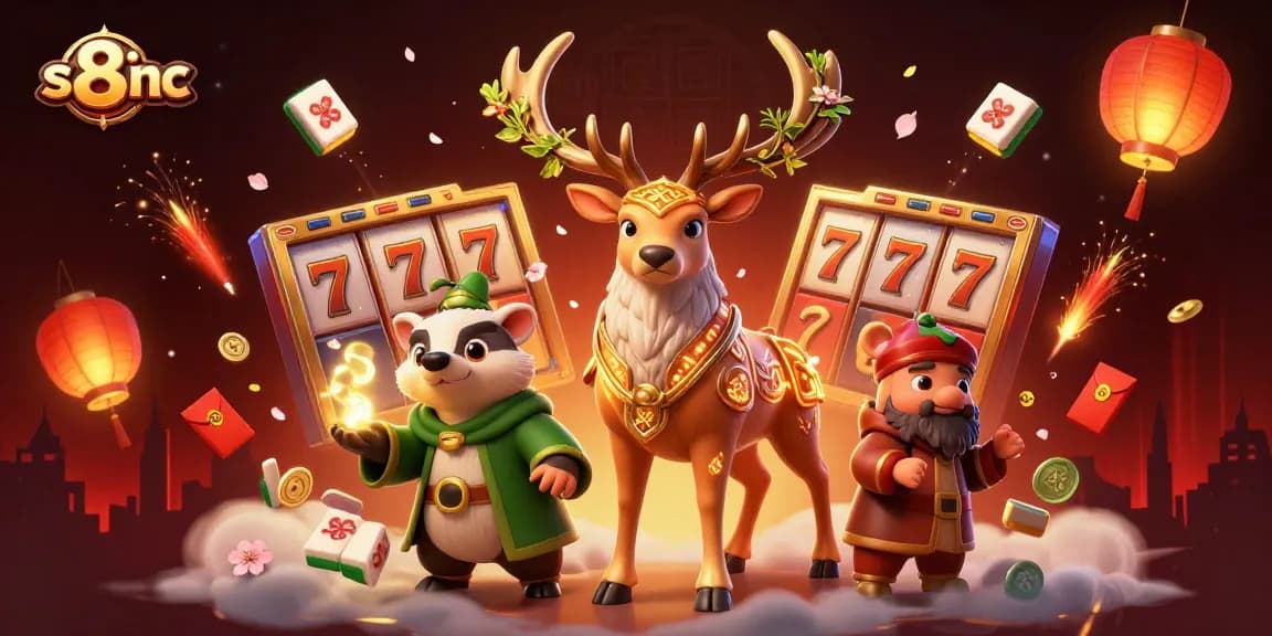 Celebrate victories with s8inc’s 3D vibrant casino scene featuring slot reels and festive elements.