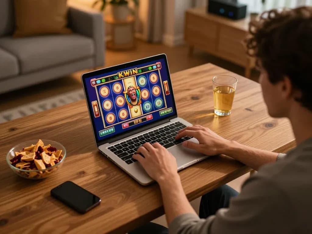 KWIN online slot gameplay on a cozy home setup with vibrant screen graphics.
