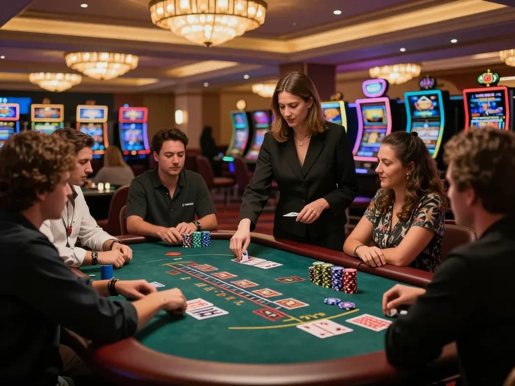 Players engaging in strategic Blackjack at a sunwin casino table, with cards and chips creating an exciting atmosphere.
