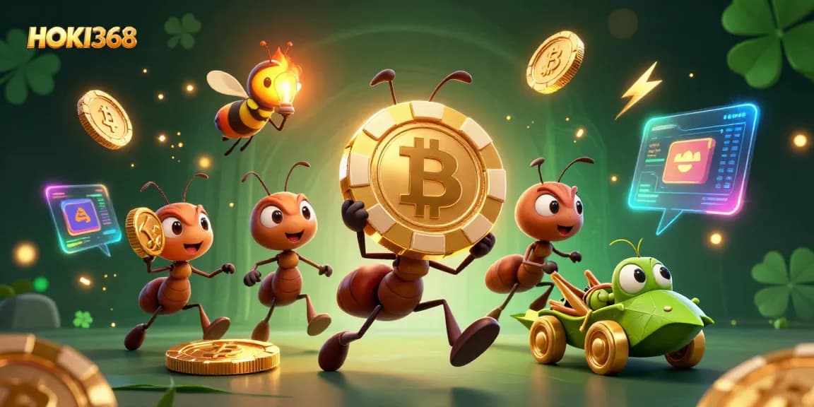 Experience HOKI368's exciting heist through a vibrant 3D illustration featuring ants, crypto coins, and dynamic casino elements.