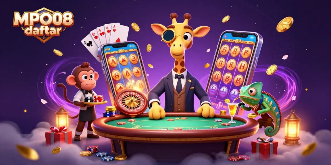 Experience MPO08 daftar with vibrant gaming elements like slot reels and poker chips in a dynamic casino scene.