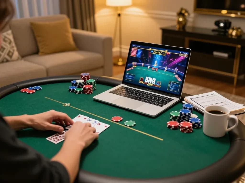 B52 club player enjoying a dynamic online poker game, showcasing strategy and engagement in a cozy home setting