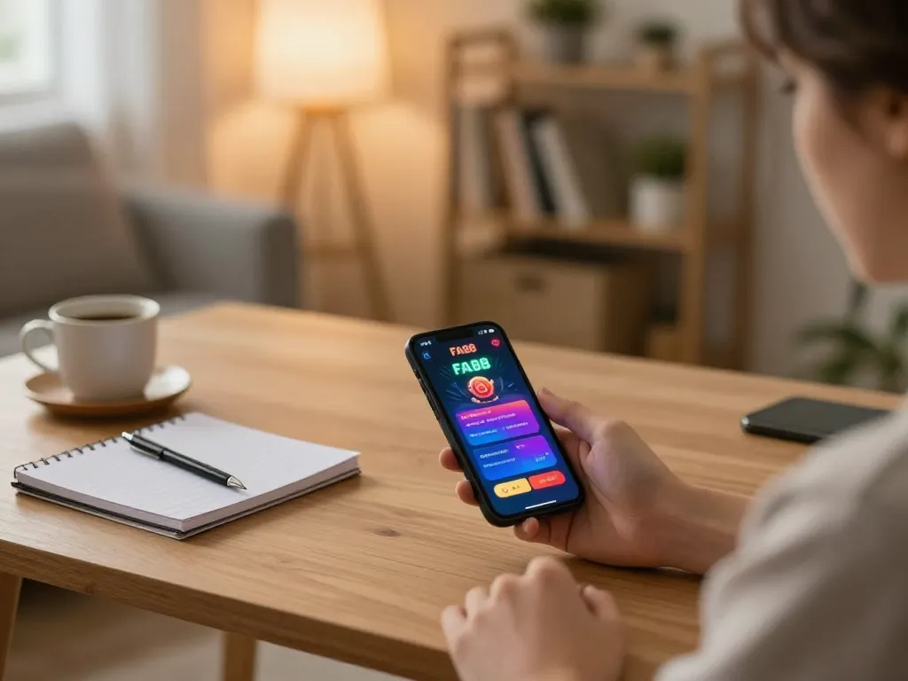 Engaging with FA88 app for online gambling on a smartphone, showcasing a comfortable home office.