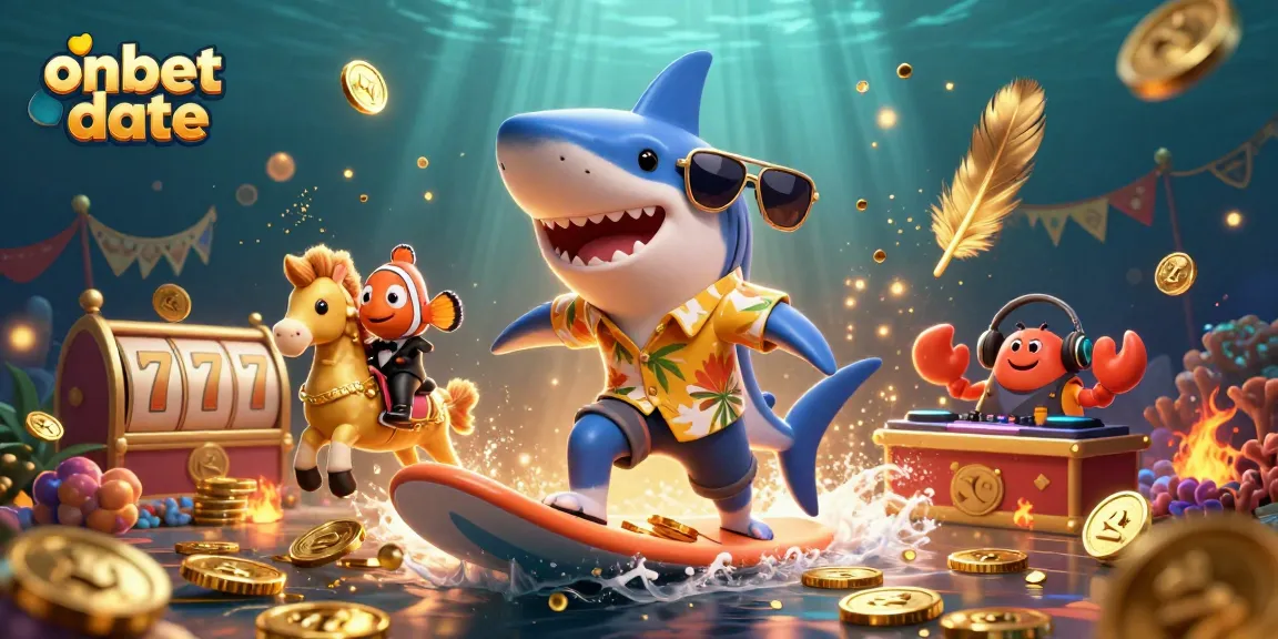 Experience exciting betting fun at onbet date with a surfing shark illustration and gold coins