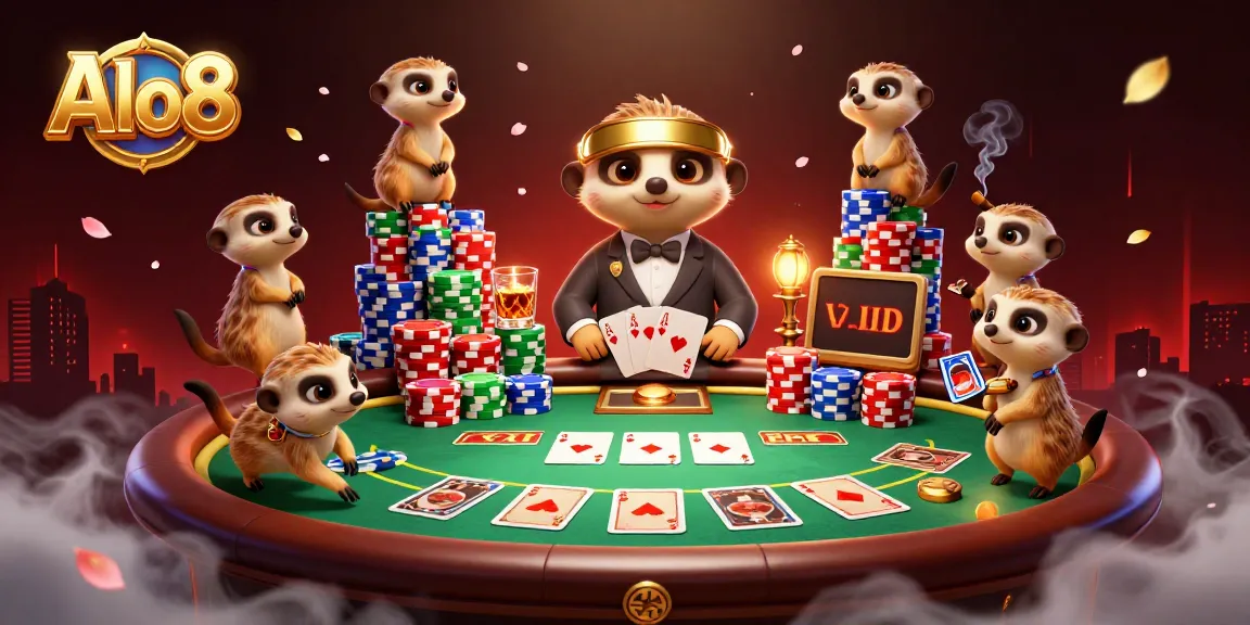 Alo8 meerkats manage a bustling casino, captivating players with vibrant games and colorful chips.