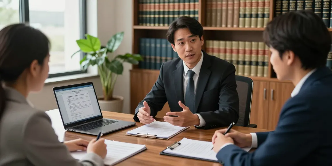 See here a lawyer consulting with clients in a professional law office about their case.
