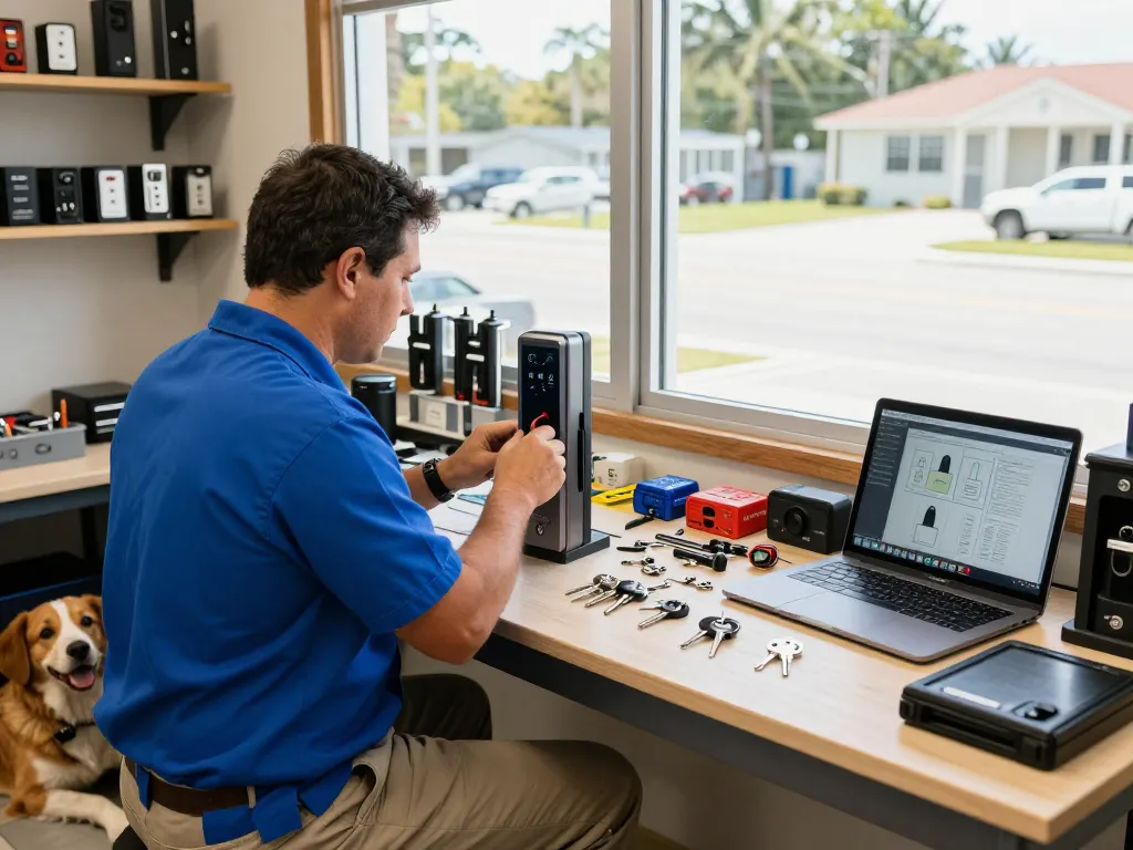 Locksmith in Hobe Sound programming an electronic lock in a well-organized workshop