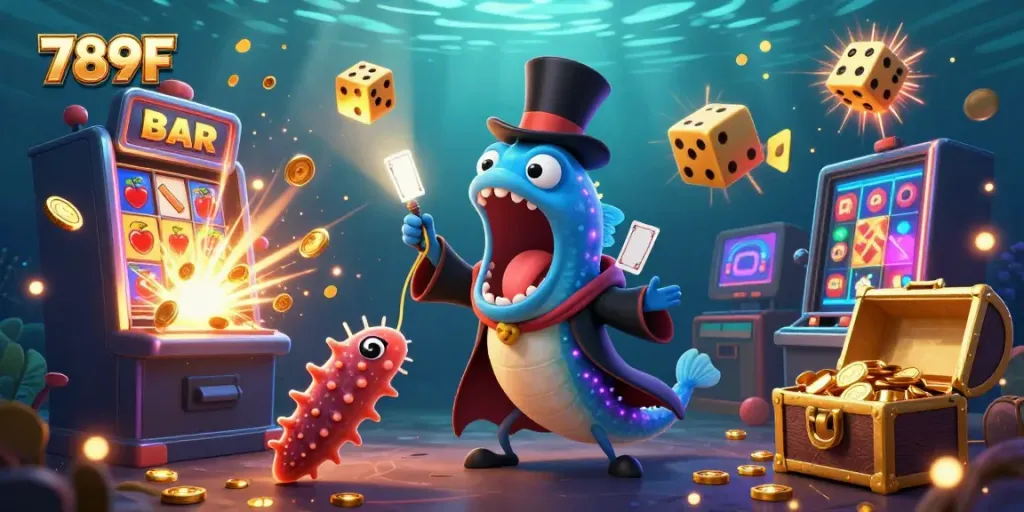 Experience the exciting casino world of 789F with playful sea creatures and vibrant slot elements.