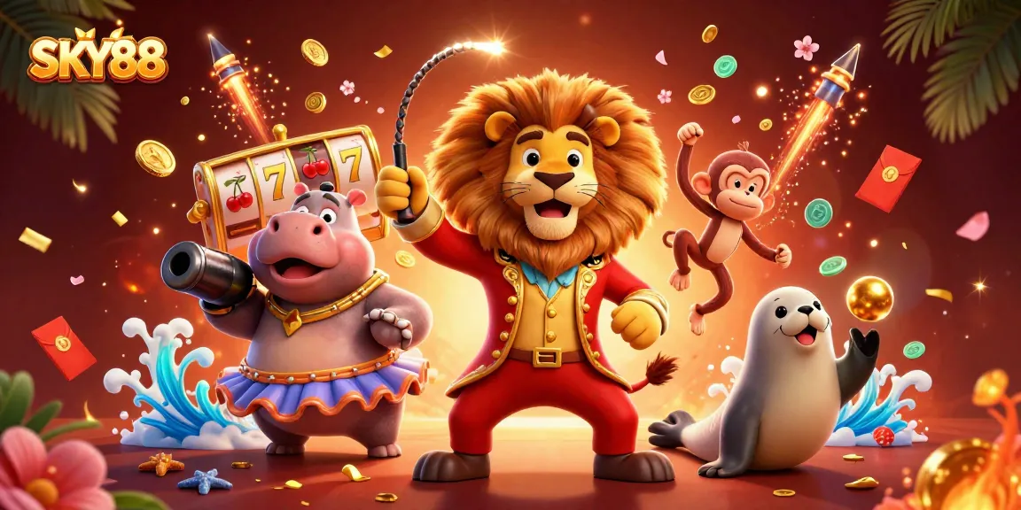 Engage with the thrilling atmosphere of SKY88's casino, depicting vibrant characters and exciting gaming elements.
