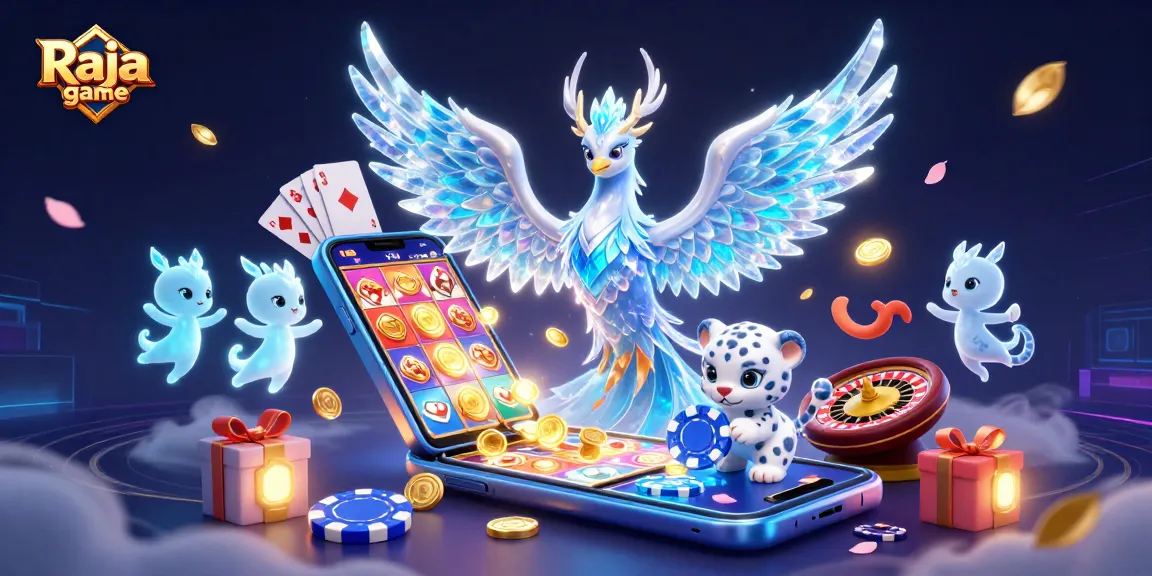 Engage with Raja game through exciting slot visuals and vibrant gaming characters in this artful illustration.