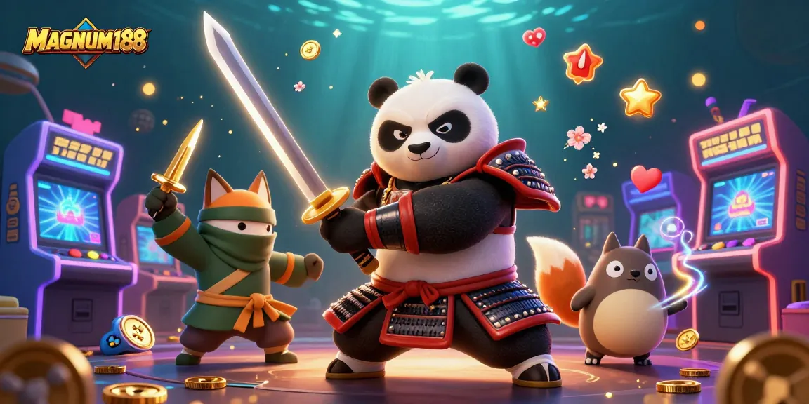 Experience winning strategies with MAGNUM188 in a vibrant 3D gambling scene featuring samurai, ninja, and playful spirits.
