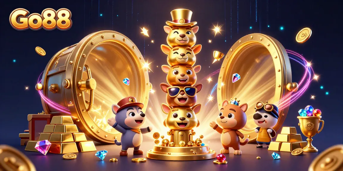 Play casino games at Go88 with a vibrant illustration of golden treasures and a totem.