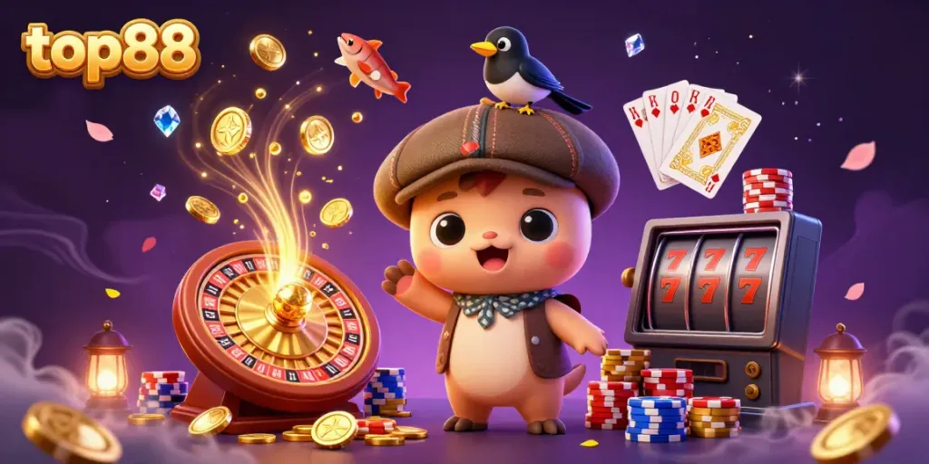 top88 playful casino scene with cartoon Nessie, golden coins, and poker chips for gamblers