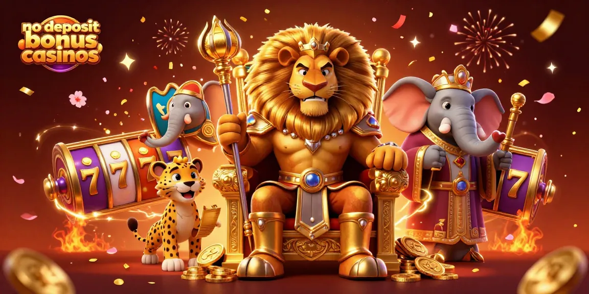 Experience top no deposit bonus casinos with a lion king and his advisors in a vibrant casino scene.