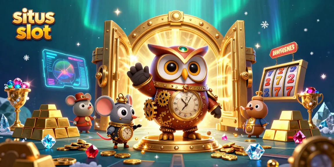Spin and win on situs slot with a thrilling illustration of a 3D cartoon owl in a vibrant, casino atmosphere.