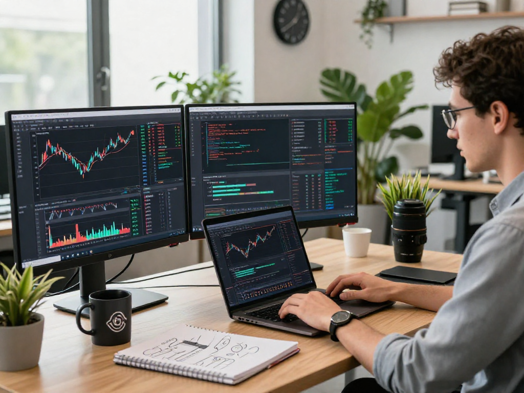 Real-time stock analysis scene showing US stock real-time API integration in a modern tech workspace.