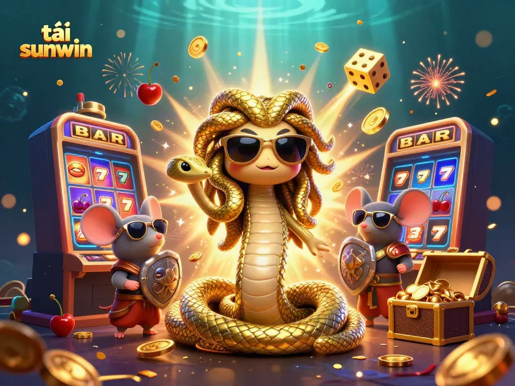 Experience the excitement of tải sunwin with Medusa and a warrior mouse amidst a vibrant 3D casino explosion.