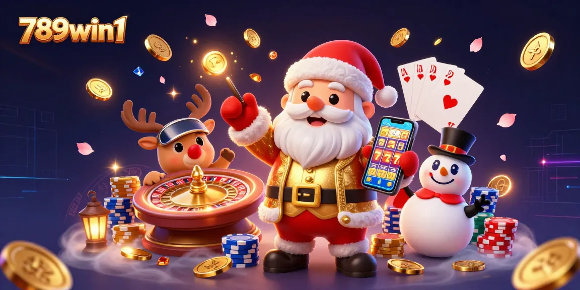 Experience thrilling slots and wins with 789win1 in this festive casino scene featuring iconic characters.