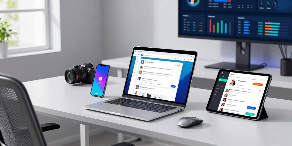 User interacting with Telegram app on multiple devices illustrating seamless communication and collaboration on telegramin-cn.com in a modern workspace.