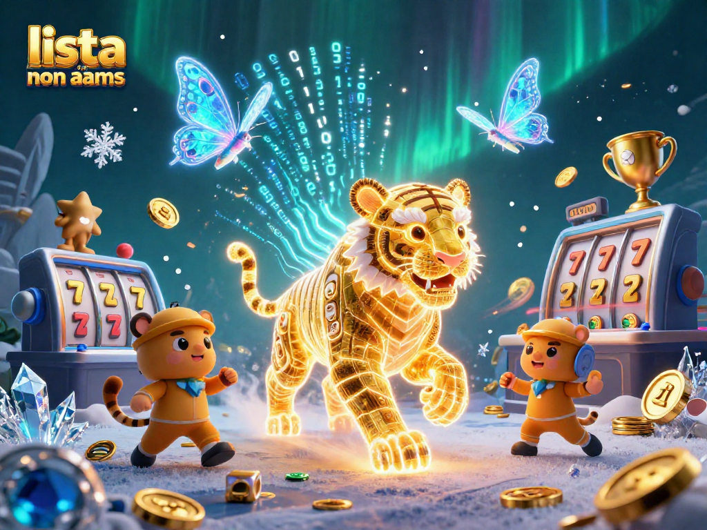 Scopri la lista casino non AAMS in un'illustrazione vivace con un tigre d'oro e simboli fortunati.