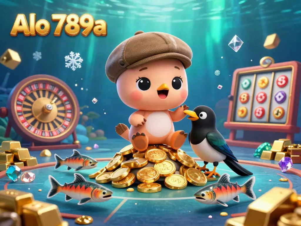 Alo 789a captures the thrill of live gambling with playful Nessie and gold treasures in a vibrant casino scene.