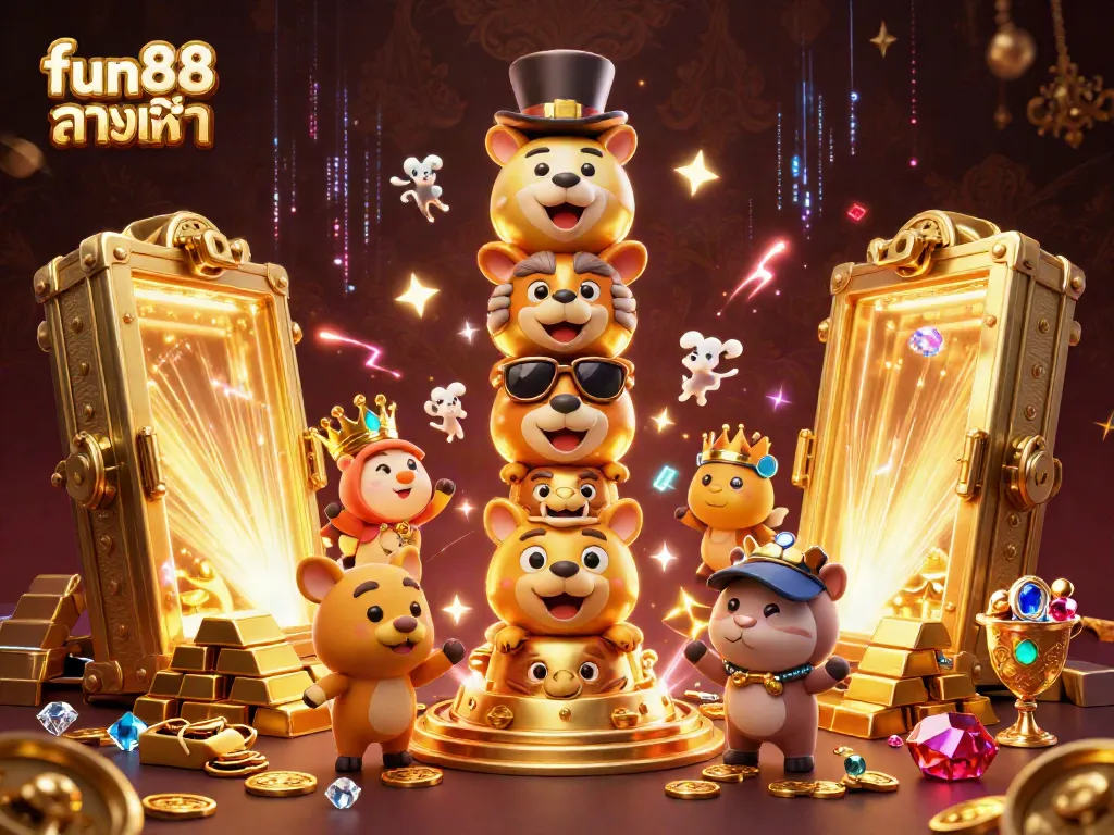 Engage with fun88 ทางเข้า ล่าสุด showcasing a lively 3D casino scene with golden treasures and animal totems.