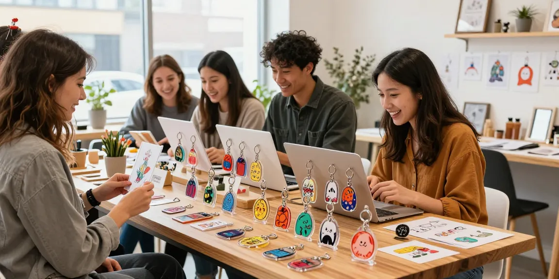 Custom acrylic keychain designs showcased in a vibrant retail setting with excited customers browsing.