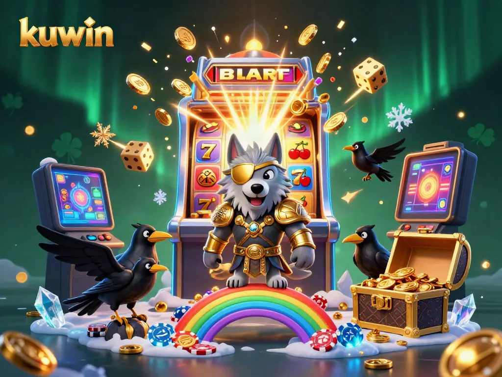 Kuwin embodies the excitement of gaming with an Odin wolf and glowing casino elements.