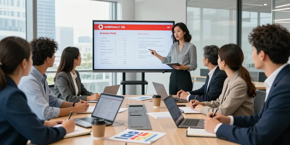 Team discussing Vodafone vs O2 business mobile plans in a modern office.