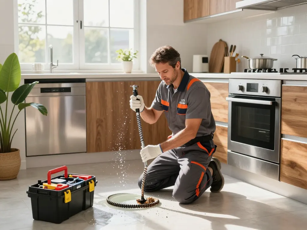 Drain cleaning service in action, professional plumber unclogging sink in modern kitchen.