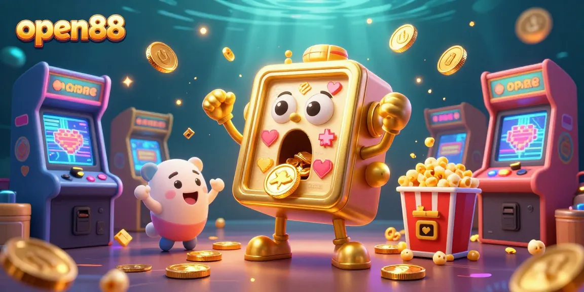 Witness open88's animated golden slot machine celebrating a jackpot amidst a vibrant casino scene.