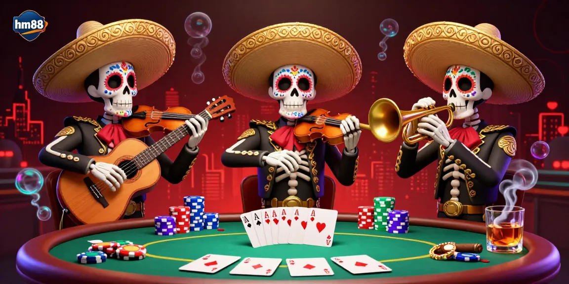 Experience rich gambling action with the vibrant hm88 mariachi poker scene featuring colorful characters and dynamic elements.