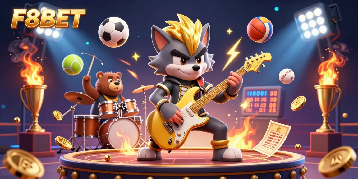 Join the F8BET experience with a vibrant 3D casino scene featuring a rock star wolf and engaging gaming elements.