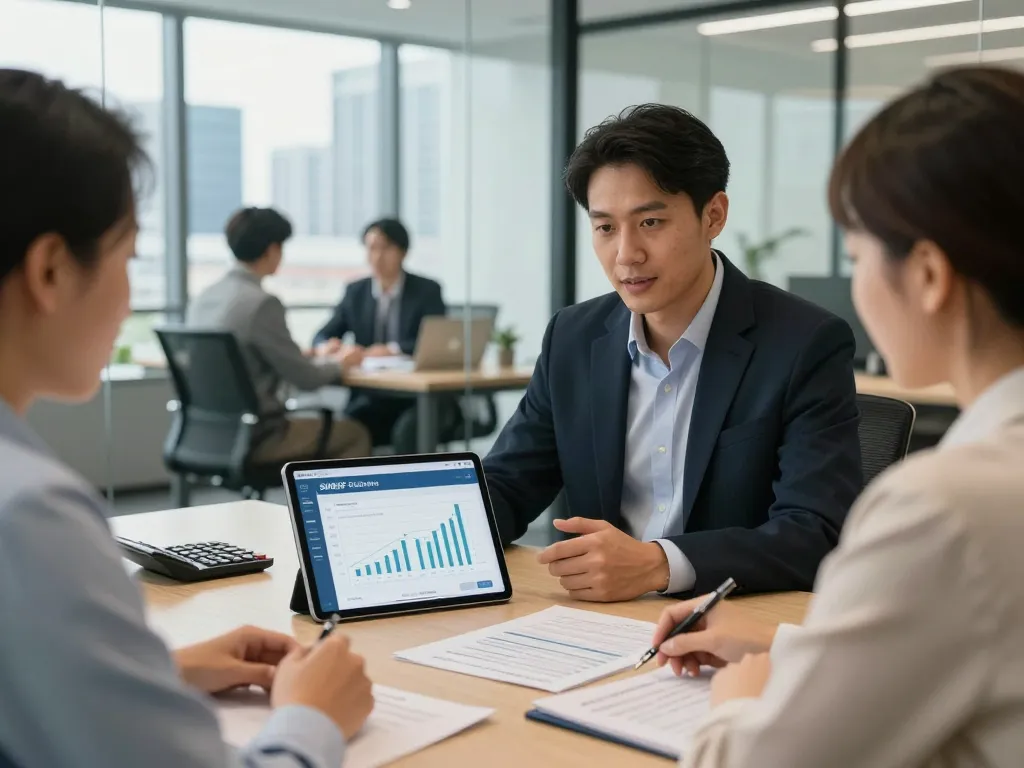 SMSF Accountant discussing setup with clients in bright office setting, demonstrating expertise and transparency.