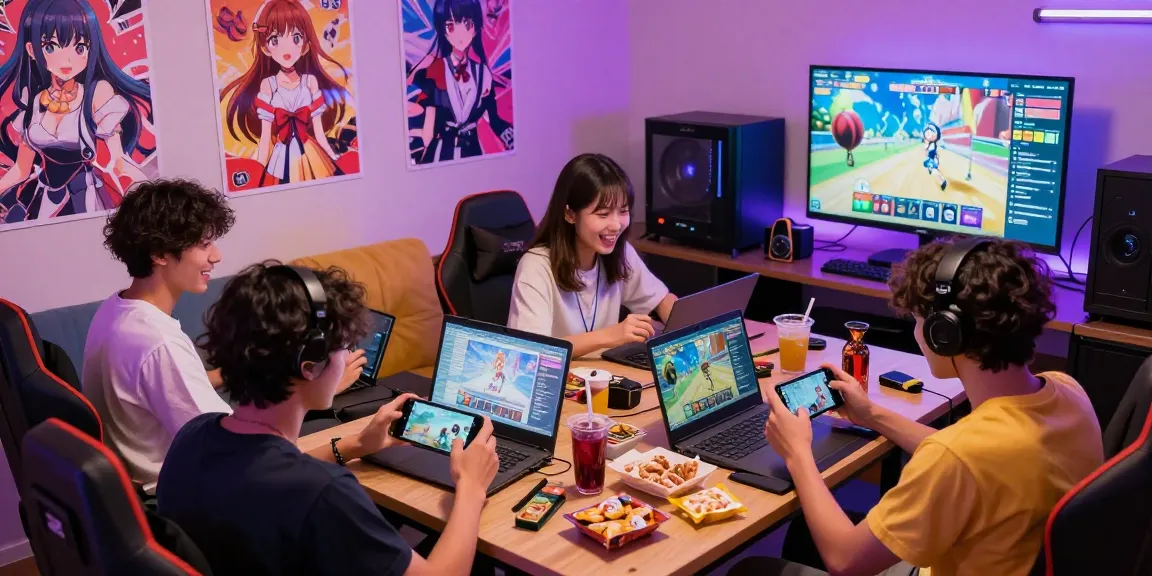 Group of friends enjoying hentaigame sessions in a vibrant gaming room