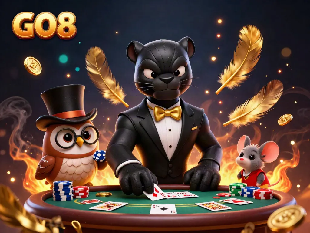 Engage in exciting poker gameplay at GO8 with a dynamic scene of a tuxedo-clad panther and friends.