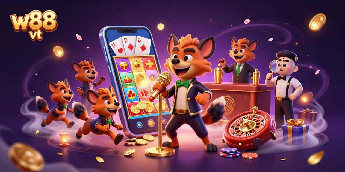 Chơi game cá cược hấp dẫn tại w88 vt với hyena hài kịch trong casino, tiền vàng và thẻ bài.
