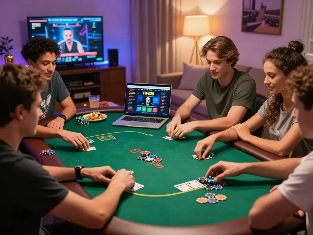 Friends enjoying an exciting poker game on FIVE88's platform with vibrant lighting.