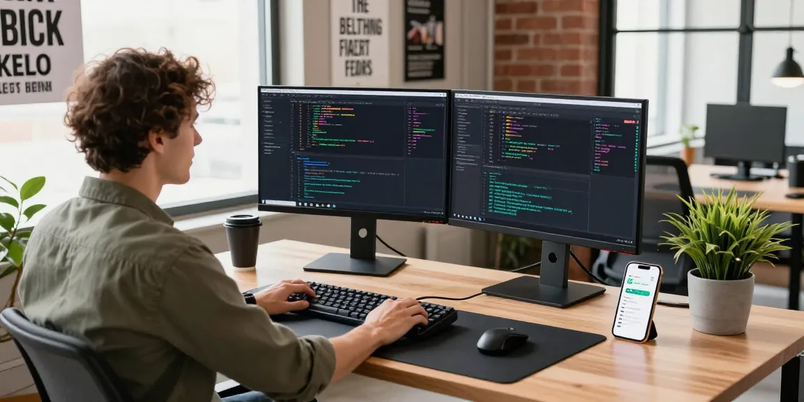 快连 network acceleration solutions showcased in a modern tech workspace with dual monitors and coding interfaces.