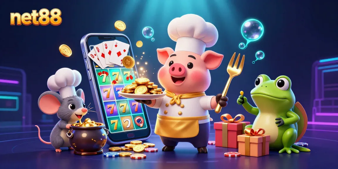 Experience the excitement at net88 with vibrant cartoon characters amidst a captivating casino scene.